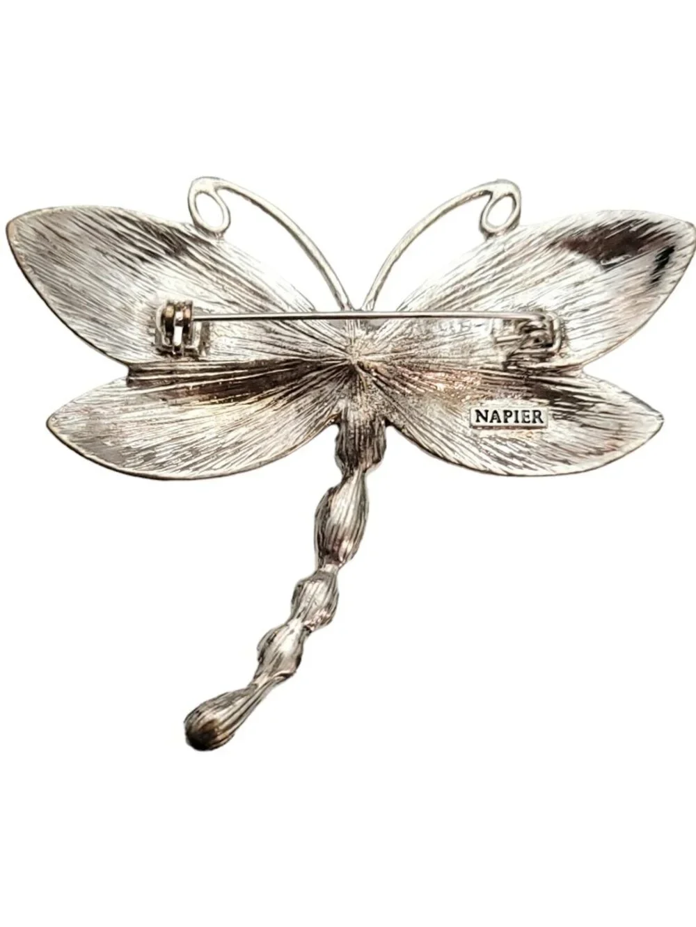 Napier Silver-Tone Green Blue Rhinestone Enamel Dragonfly Brooch Pin Signed E913